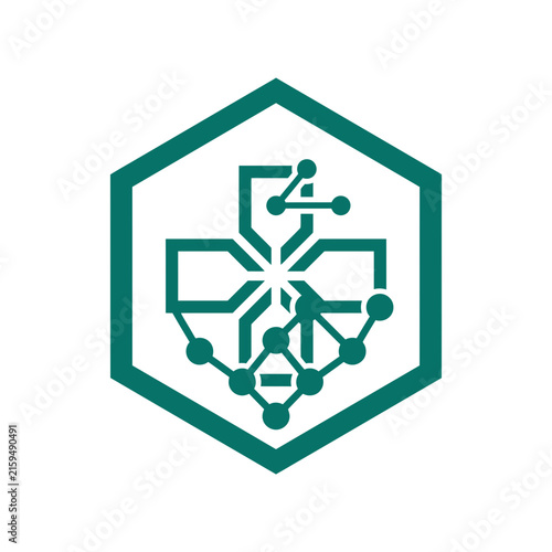 A dark green geometric icon featuring a stylized digital network structure