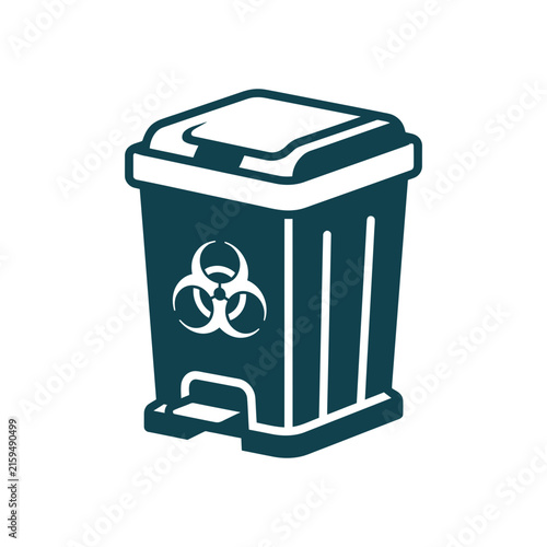 A dark green icon of a medical waste disposal bin