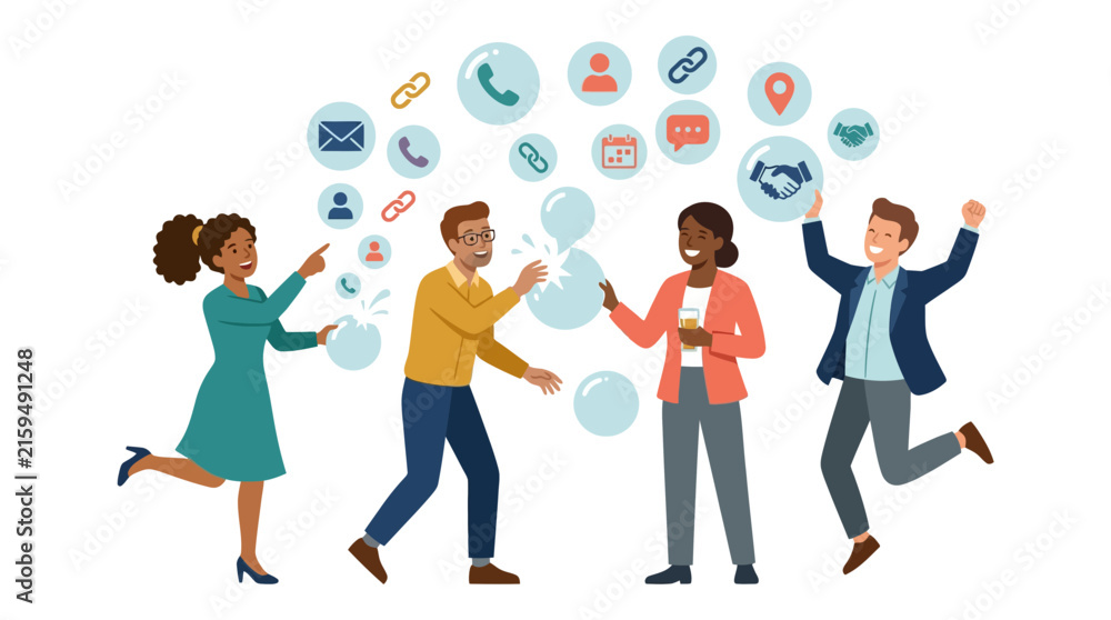 Obraz premium Diverse multicultural business team popping bubbles with communication icons celebrating networking success flat vector element.