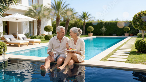 Mature couple enjoying a relaxing day by the pool