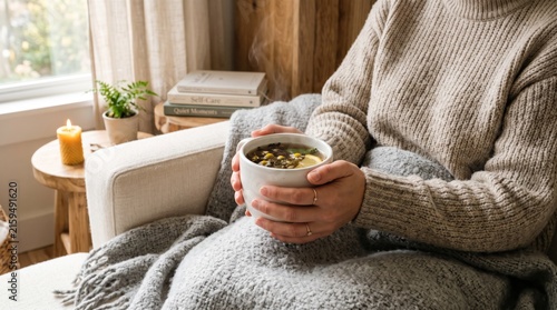 Woman relaxing with hot herbal tea and self-care books by window, cozy home atmosphere for mental wellness and tranquility