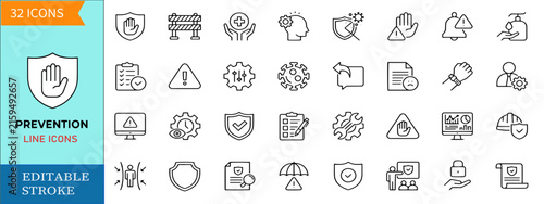 Prevention line icon set featuring safety measure protection hazard shield risk control health precaution security warning stop vector linear symbols editable stroke