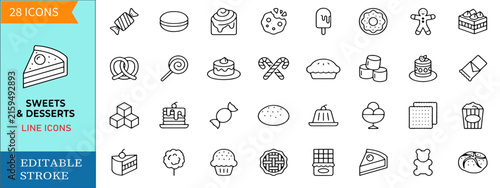 Bild auf Leinwand Sweets and desserts line icon set featuring bakery cake pastry ice cream candy c