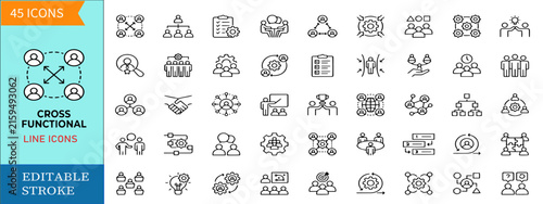 Cross functional teamwork and business collaboration line icon set featuring interdepartmental integration structure communication project vector symbols editable stroke