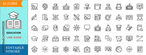 Education line icon set featuring school supplies academic study university graduation hat vector symbols and online learning linear web elements editable stroke