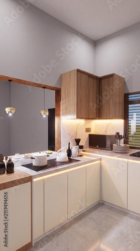Captivating Modern Kitchen Interior Design Featuring Stylish Wood Cabinetry, Bright Ambient Lighting, and a Clean, Functional Layout for Contemporary Home Living