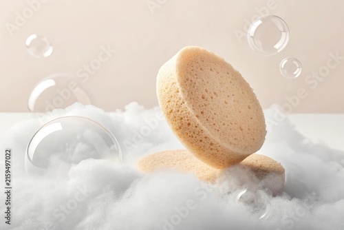 Soft Natural Sponge Surrounded by Bubbles and White Cotton Clouds