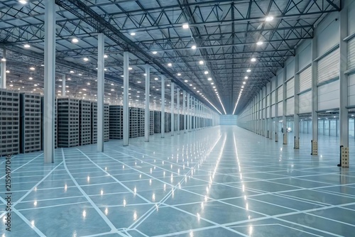 Vast Modern Warehouse Interior with Bright Lighting and Empty Space