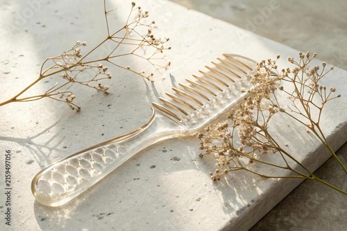 Transparent Hair Comb with Dry Flowers on Gray Stone Surface