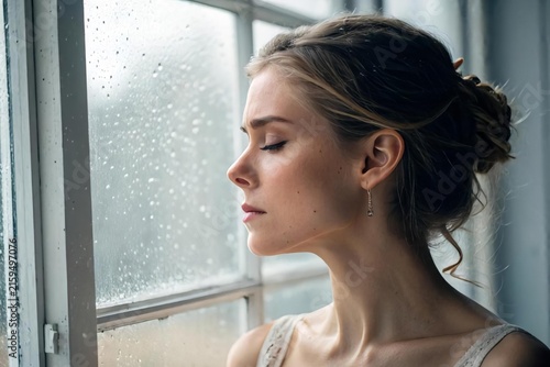 Woman Contemplating by Window with Raindrops on Glass Surface