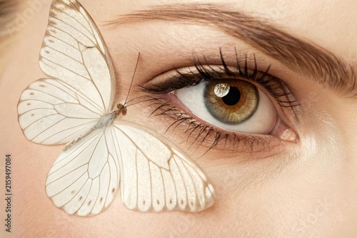 White Butterfly Perched on Beautiful Eye with Brown Iris Detail