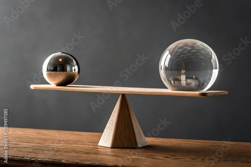 Wooden Balance Concept with Glass Sphere and Metallic Ball on Table
