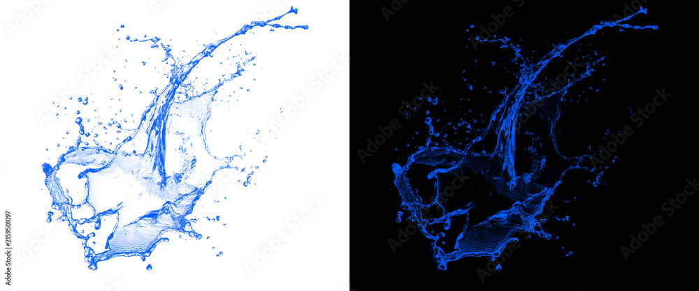 Obraz premium Dynamic blue water splash on white and black backgrounds, liquid crown splashing effect, fresh water droplets and spray