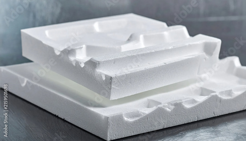 Close up view of stacked white styrofoam packaging material with interlocking shapes and textured surface