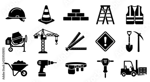 Black and white construction icons set with tools, safety gear, and industrial equipment vector illustration
