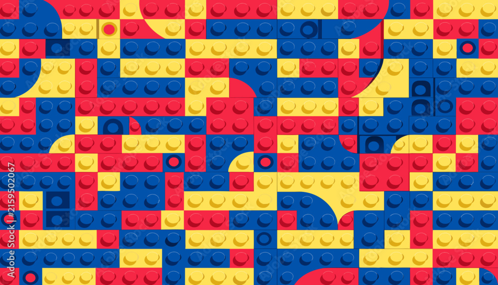 Fototapeta premium Bright multicolored LEGO bricks arranged in seamless geometric mosaic pattern for creative design backgrounds