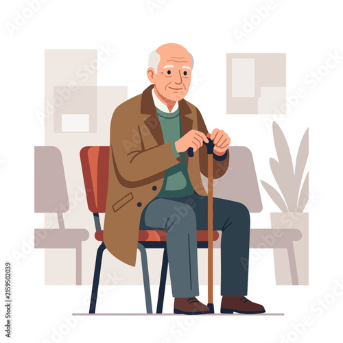 Elderly Man with Cane Sitting Patiently in Waiting Room - Vector Illustration