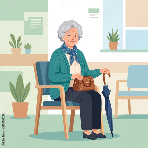 Elderly Woman Sitting with Handbag and Umbrella - Vector Illustration of Senior Lifestyle