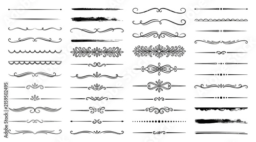 premium set of vintage hand-drawn horizontal ornamental separators, arranged in multiple rows and columns like a professional vector asset sheet