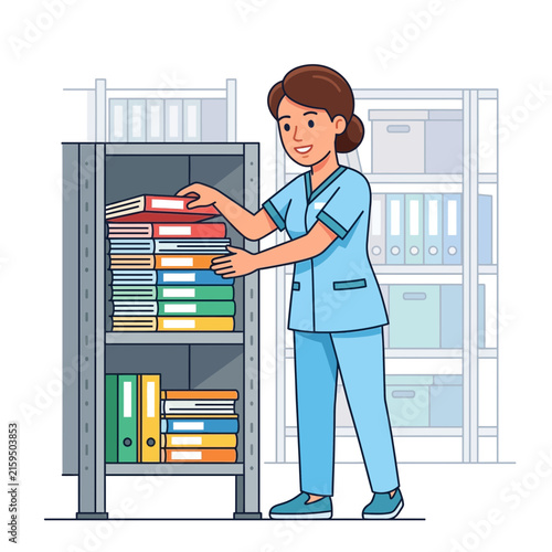 Nurse Organizing Medical Records in a Storage Room