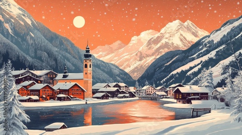 Kaprun Austria Poster Illustration Travel Print Decor Gift Paper Canvas Wall Retro Art