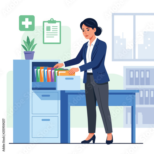 Professional woman organizing files in an office setting, simple flat vector illustration