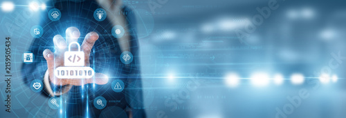 Foto Cyber Security Developer hand holding Secure Coding and data networking, software vulnerability prevention, application defense programming, encryption key deployment, digital code safety