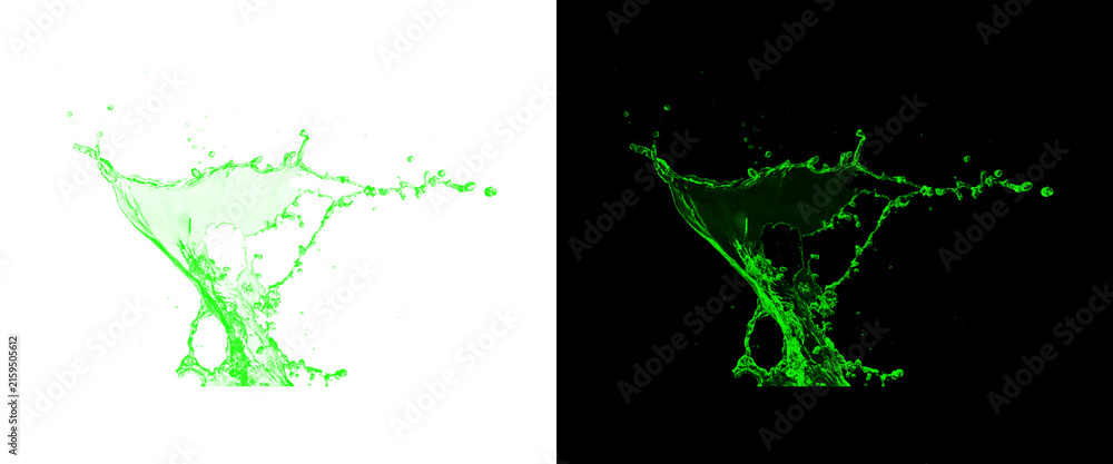 Obraz premium Green liquid splash on white and black background, dynamic water splashing effect, toxic lime juice burst