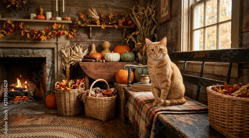 Cute Orange Tabby Cat Sitting in Cozy Rustic Thanksgiving Home Interior
