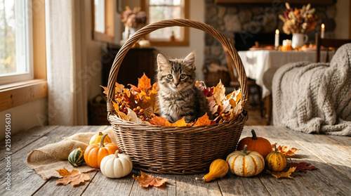 Cute Tabby Kitten Sitting In A Wicker Basket With Autumn Leaves And Pumpkins For Thanksgiving