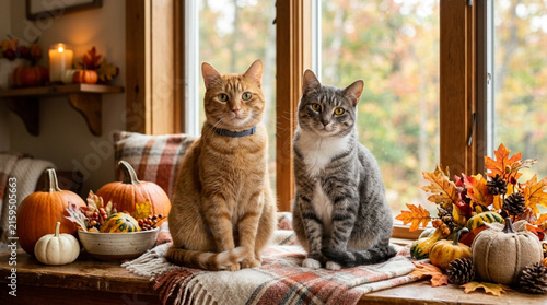 Two Cute Cats Sitting Together on a Cozy Window Sill with Autumn Thanksgiving Pumpkins