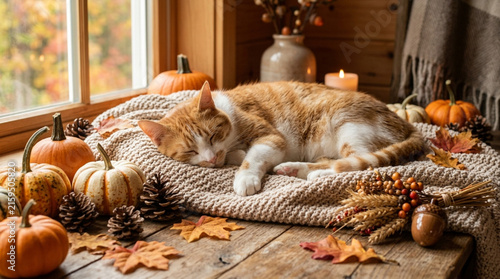 Cute Ginger Cat Sleeping on a Cozy Beige Blanket with Autumn Pumpkins for Thanksgiving