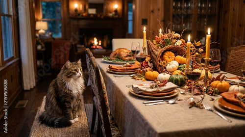 Cute Cat Sitting Beside a Traditional Thanksgiving Dinner Table
