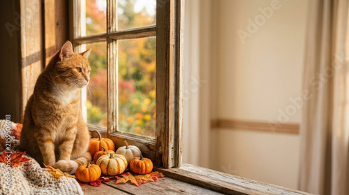 Ginger Cat Sitting by a Rustic Window with Autumn Pumpkins