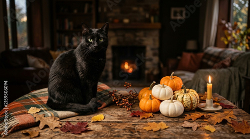 Black Cat Sitting Near Pumpkins and Candle in Cozy Thanksgiving Living Room