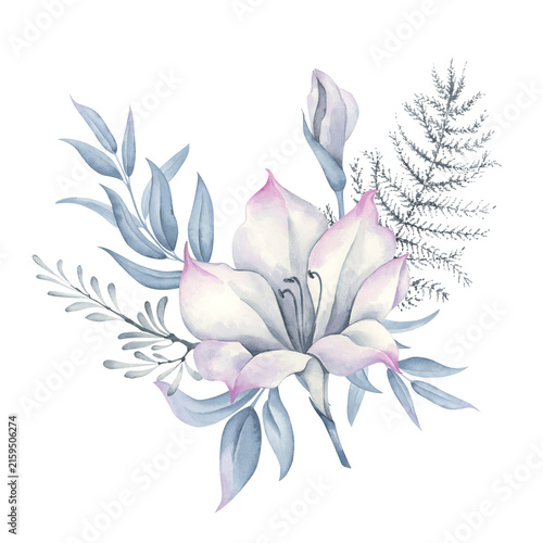 Watercolor composition of a white flower with blue foliage and a branch of an evergreen plant.