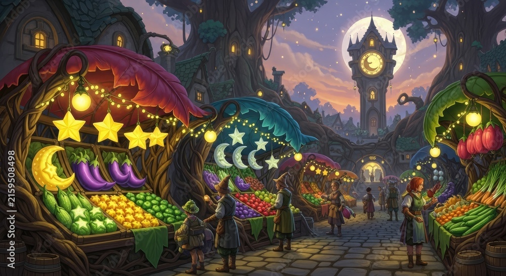 Obraz premium Whimsical fantasy market at dusk with clock tower.