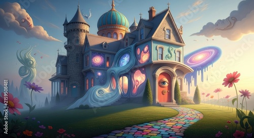 Whimsical fantasy house with colorful flowers.