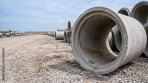 Large Concrete Drainage Pipes Stacked On Industrial Construction Site