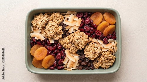 Top View Of Healthy Granola Mix With Dried Fruits And Coconut Flakes