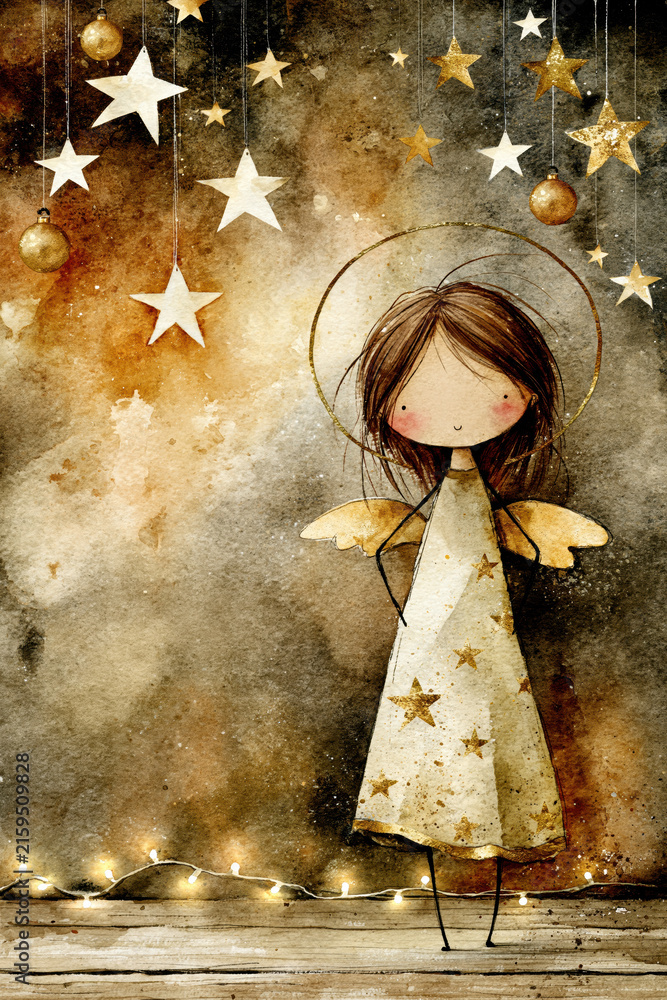 Fototapeta premium Cute Christmas Angel Watercolor Background – AI Generative