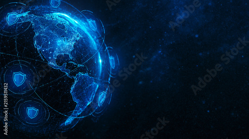 A glowing digital globe is encircled by interconnected security shield icons on a dark, abstract background. Illustrates global cybersecurity, data protection, and secure.