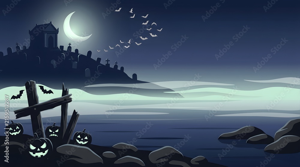 Naklejka premium Spooky halloween night landscape featuring glowing jack o lanterns near a dark cemetery under a bright crescent moon
