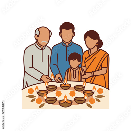 Indian family performing a traditional oil lamp lighting ritual.