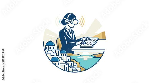 Professional using VR headset in Mediterranean coastal setting