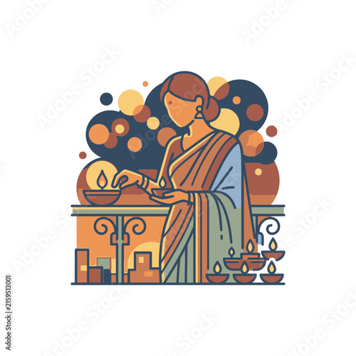 Indian woman in saree lighting oil lamps at night.