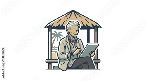 Senior woman relaxing with tablet at beach