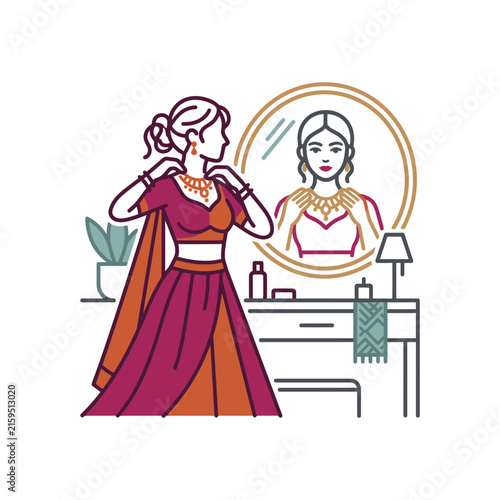 Indian woman in saree looking in vanity mirror