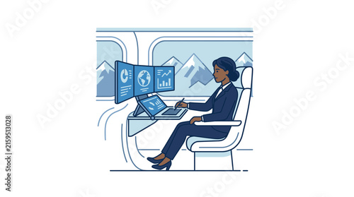 Woman working at futuristic workstation inside moving train.