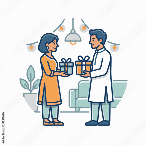 Friends in traditional wear holding gifts indoors.